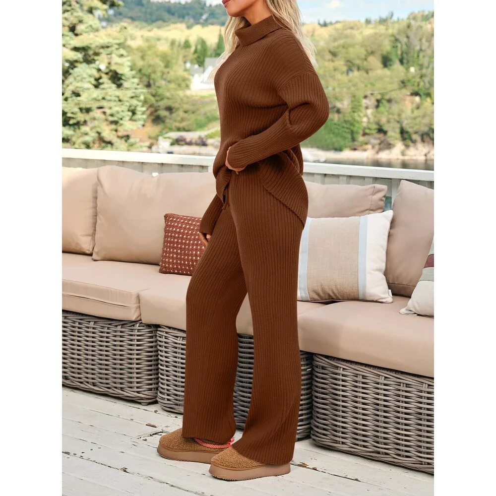 LILLUSORY Women's Brown 2 Two Piece Outfits Winter Clothes Turleneck Sweater S